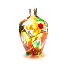 Load image into Gallery viewer, Miniature hand blown glass vase. Yellow, red, orange, and green glass. Colour combination is called &quot;Autumn.&quot;