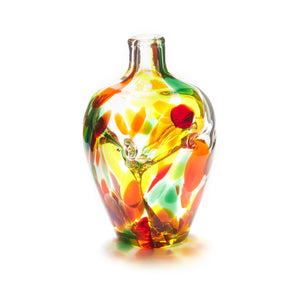 Miniature hand blown glass vase. Yellow, red, orange, and green glass. Colour combination is called "Autumn."