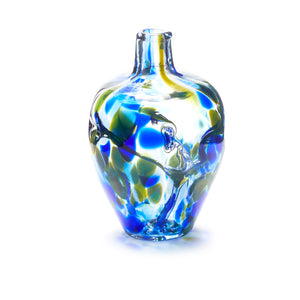 Miniature hand blown glass vase. Teal and cobalt blue glass. Colour combination is called "Cobalt."