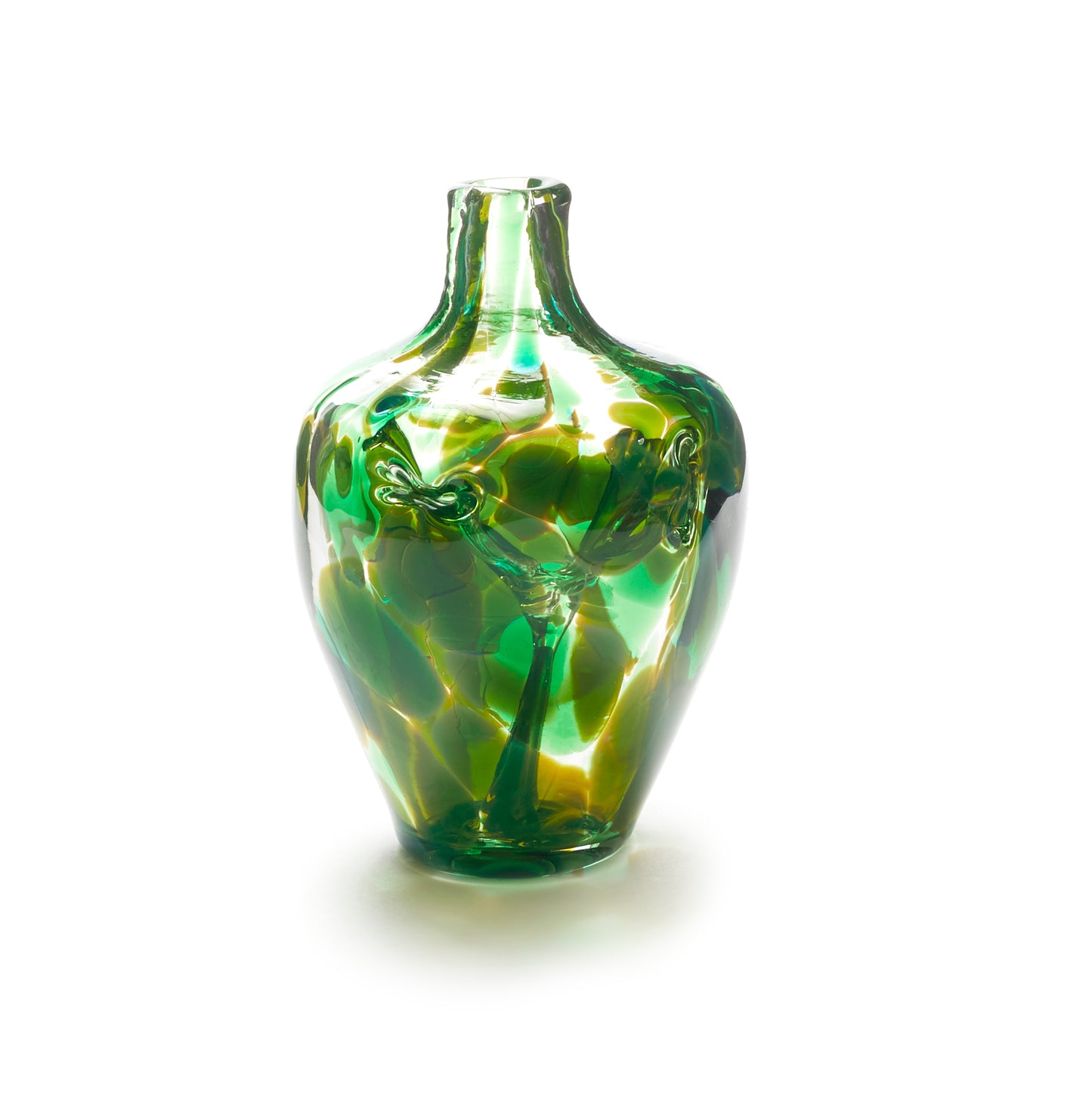 Load image into Gallery viewer, Miniature hand blown glass vase. Green glass. Colour combination is called “Emerald.”

