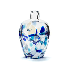 Load image into Gallery viewer, Miniature hand blown glass vase. Cobalt blue, teal blue, and white glass. Colour combination is called &quot;Winter.&quot;