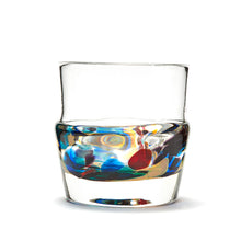 Load image into Gallery viewer, Hand blown glass whiskey glass, clear with a swirl of red, blue, purple, and green glass on the bottom. Colour combination is called &quot;Carnival.&quot;