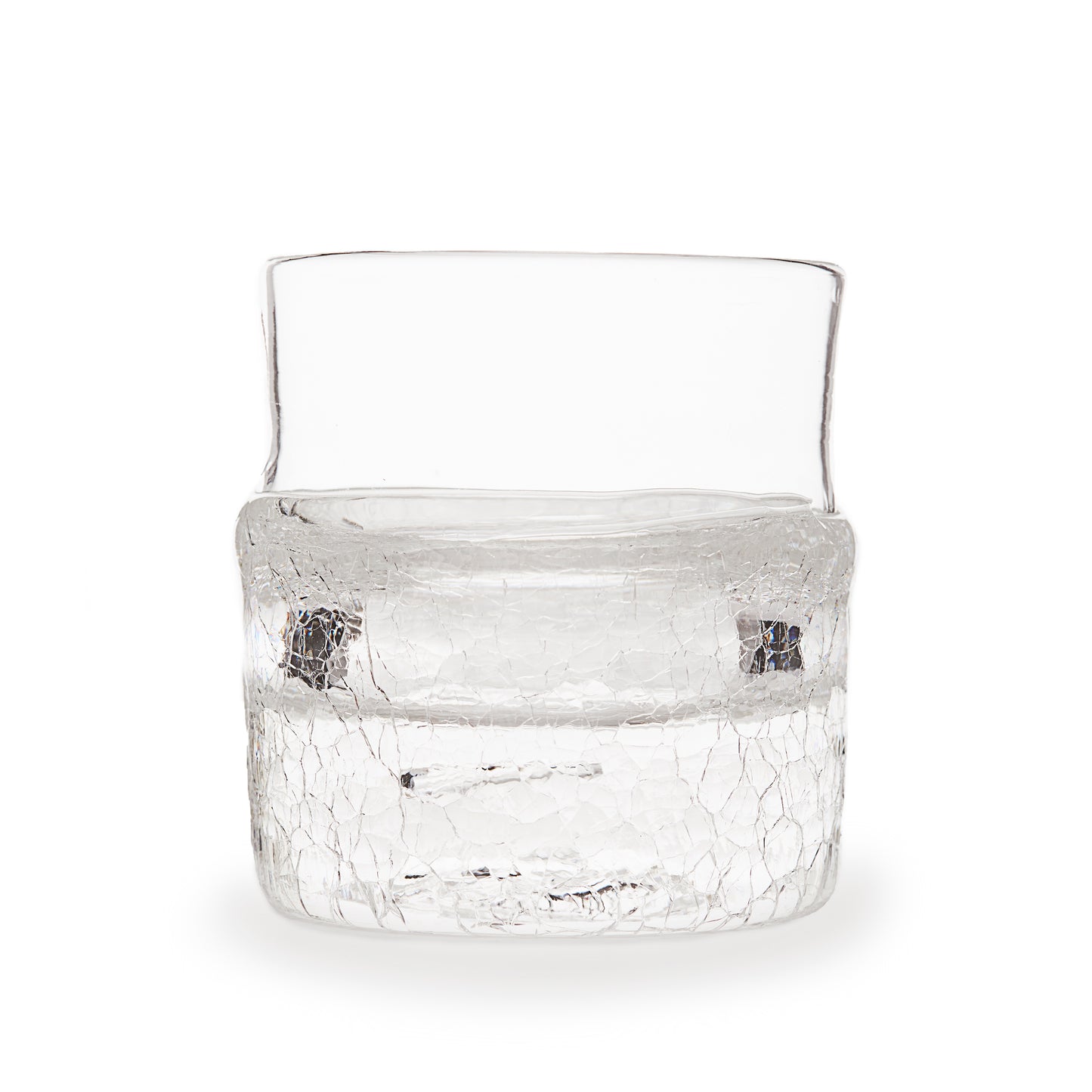 Load image into Gallery viewer, Hand blown glass whiskey glass, clear with a swirl of clear crackle glass on the bottom. 
