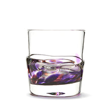 Load image into Gallery viewer, Hand blown glass whiskey glass, clear with a swirl of purple and cranberry glass on the bottom. Colour combination is called &quot;Amethyst.&quot;
