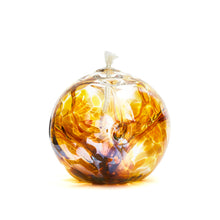 Load image into Gallery viewer, Handmade round iris gold glass oil lamp. Made in Ontario Canada by Gray Art Glass.