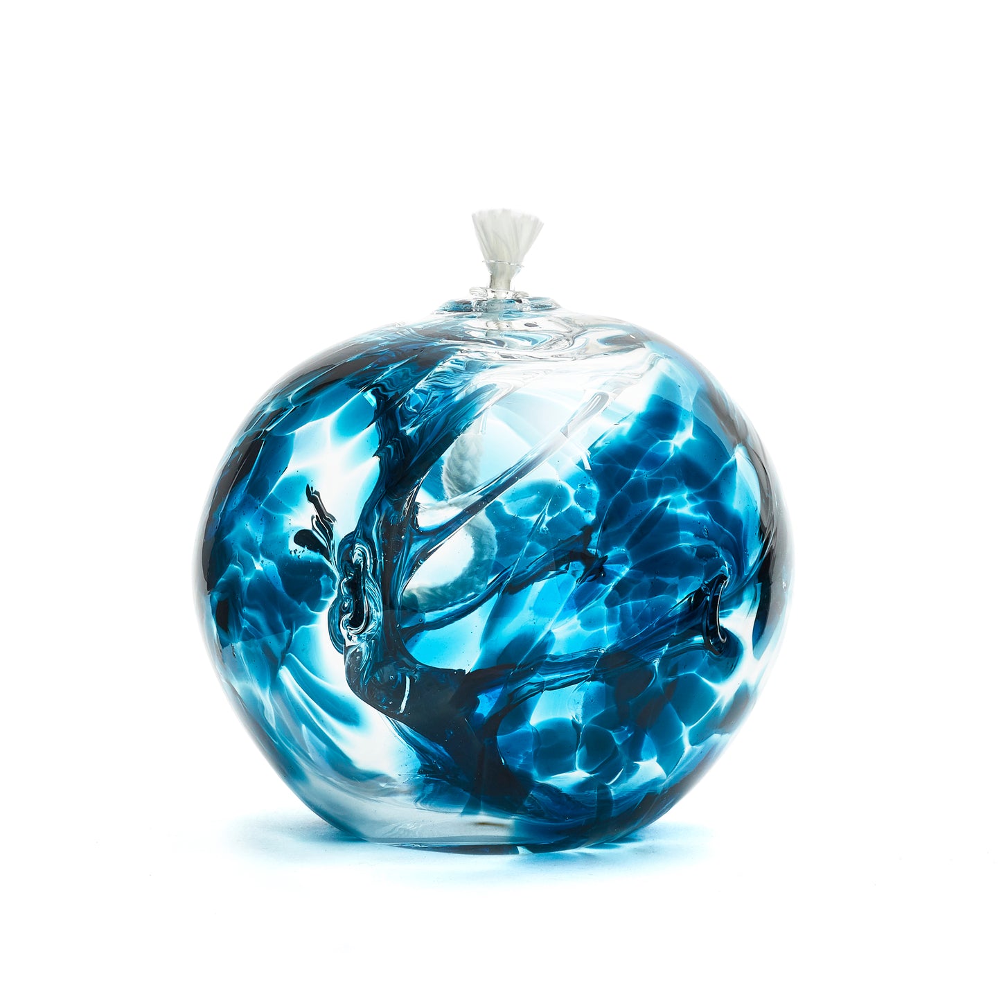 Load image into Gallery viewer, Handmade round ocean wave teal glass oil lamp. Made in Ontario Canada by Gray Art Glass.
