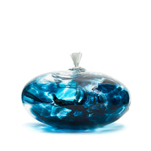 Load image into Gallery viewer, Handmade squat ocean wave teal glass oil lamp. Made in Ontario Canada by Gray Art Glass.