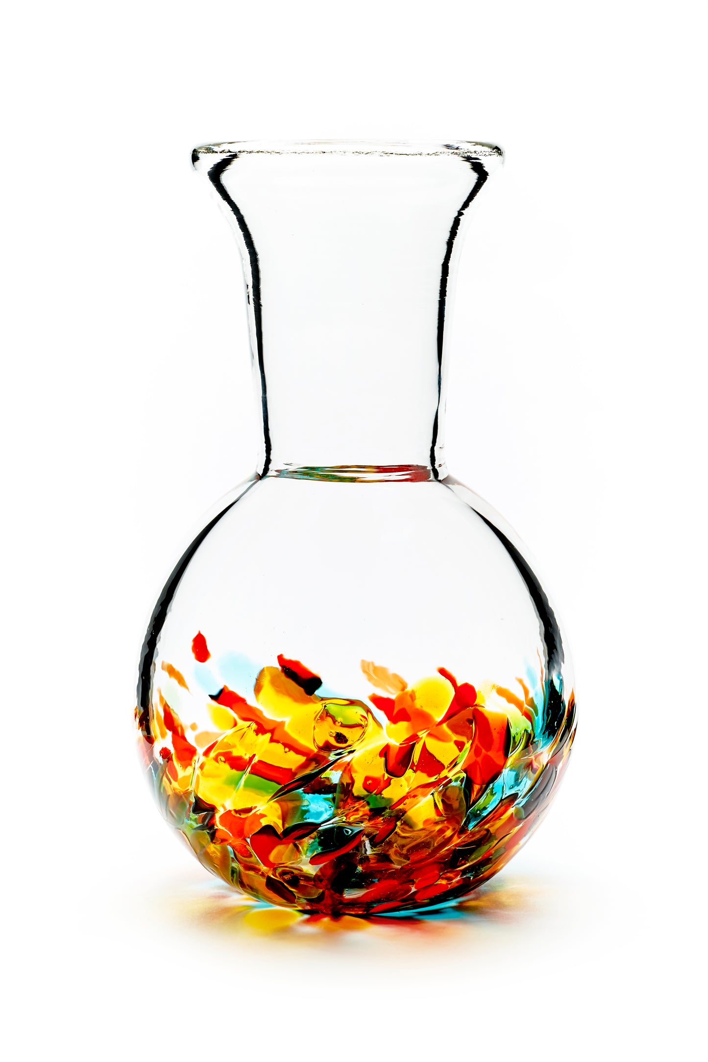 Hand blown glass vase. Yellow, red, orange, and green glass on the bottom. Colour combination is called "Autumn."