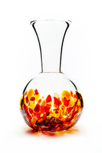 Load image into Gallery viewer, Hand blown glass vase. Red, yellow, and gold glass on the bottom. Colour combination is called &quot;Iris Fire.&quot;