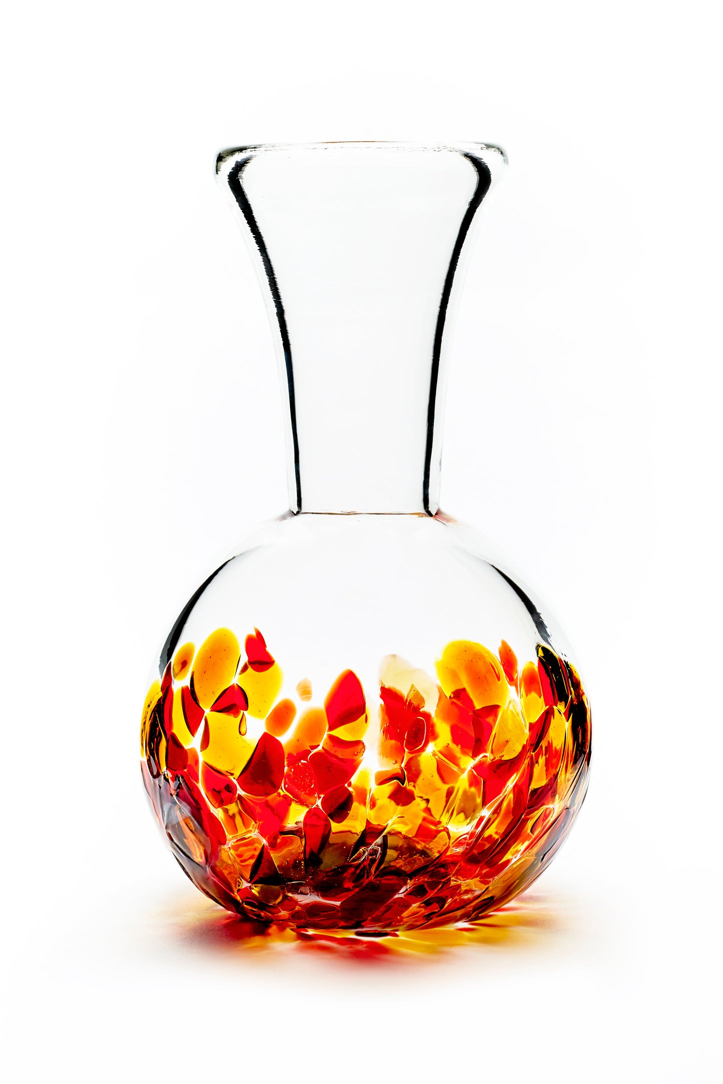 Load image into Gallery viewer, Hand blown glass vase. Red, yellow, and gold glass on the bottom. Colour combination is called &amp;quot;Iris Fire.&amp;quot;
