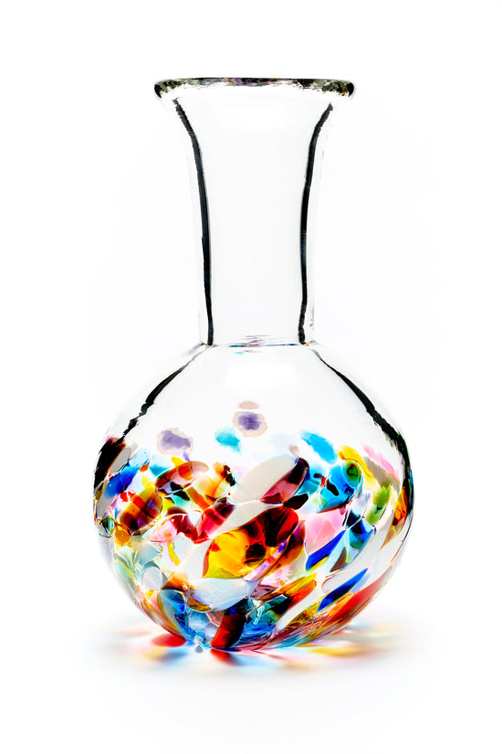 Load image into Gallery viewer, Hand blown glass vase. Purple, blue, yellow, red, orange, green, and white glass on the bottom. Colour combination is called &amp;quot;Multi.&amp;quot;
