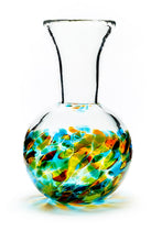 Load image into Gallery viewer, Hand blown glass vase. Teal blue, yellow, and green glass on the bottom. Colour combination is called &quot;Summer.&quot;