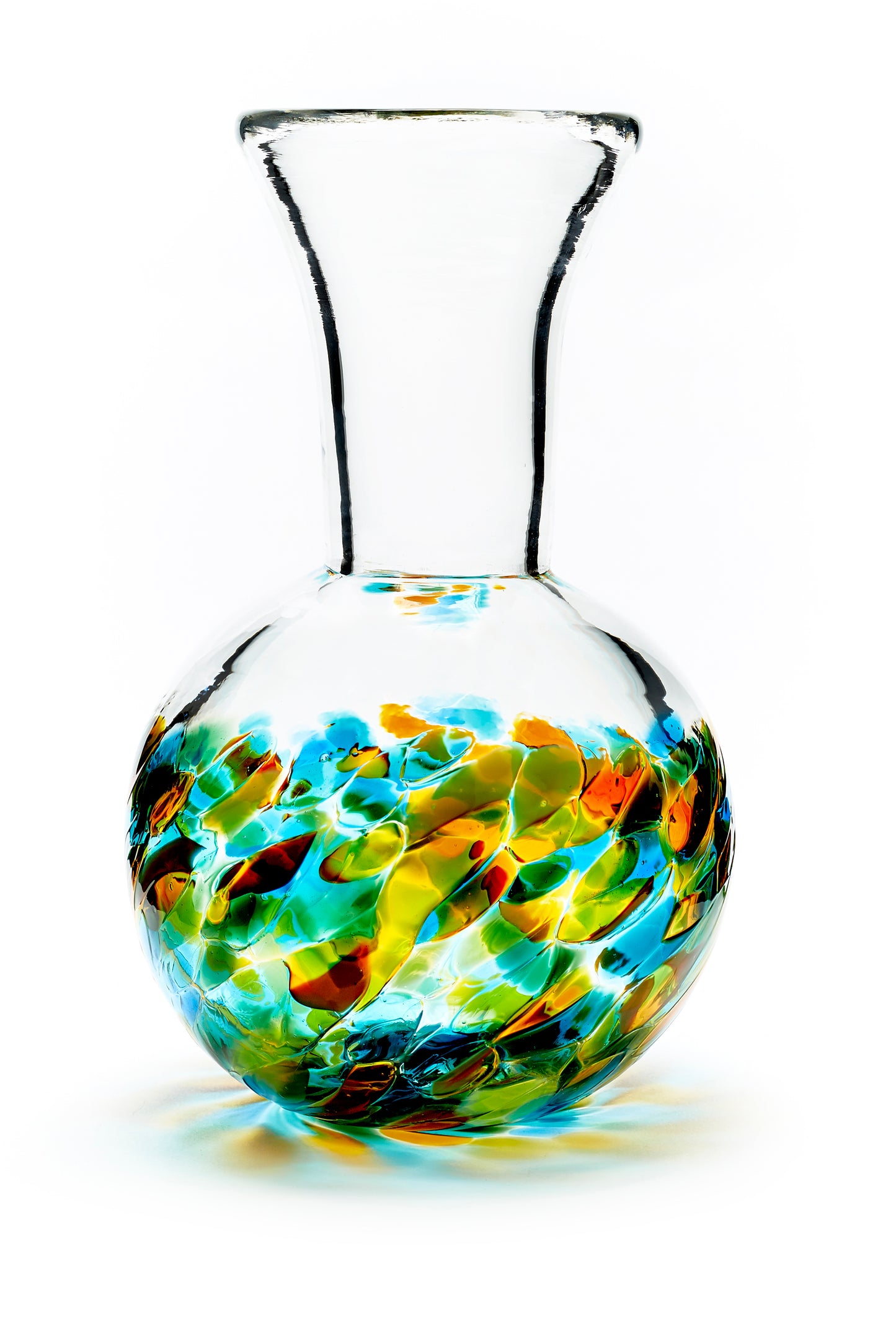Hand blown glass vase. Teal blue, yellow, and green glass on the bottom. Colour combination is called "Summer."