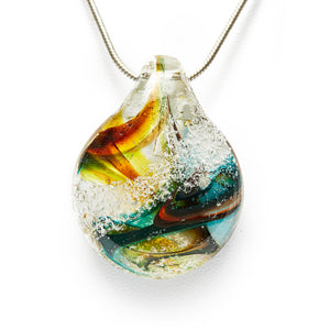 Memorial glass art pendant with cremation ash. Yellow, red, orange, and green glass. Colour combination is called "Autumn."