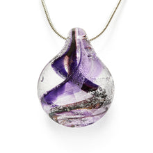Load image into Gallery viewer, Memorial glass art pendant with cremation ash. Purple and cranberry glass. Colour combination is called &quot;Amethyst.&quot;