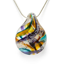 Load image into Gallery viewer, Memorial glass art pendant with cremation ash.  Purple, blue, green, pink, and yellow glass. Colour combination is called &quot;Spring.&quot;