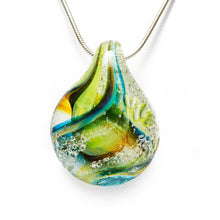 Load image into Gallery viewer, Memorial glass art pendant with cremation ash. Teal blue, yellow, and green glass. Colour combination is called &quot;Summer.&quot;