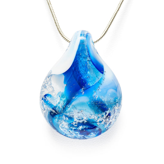 Load image into Gallery viewer, Memorial glass art pendant with cremation ash. Cobalt blue, teal blue, and white glass. Colour combination is called &amp;quot;Winter.&amp;quot;
