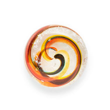 Load image into Gallery viewer, Memorial glass art touchstone with cremation ash. Yellow, red, orange, and green glass. Colour combination is called &quot;Autumn.&quot;