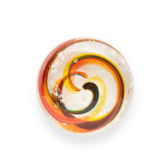 Load image into Gallery viewer, Memorial glass art touchstone with cremation ash. Yellow, red, orange, and green glass. Colour combination is called &amp;quot;Autumn.&amp;quot;
