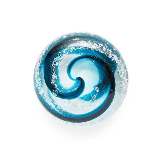 Load image into Gallery viewer, Memorial glass art touchstone with cremation ash. Teal blue glass. Colour combination is called &amp;quot;Ocean Wave.&amp;quot;
