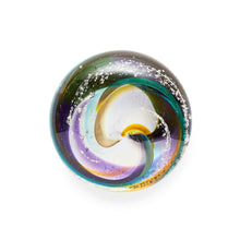 Load image into Gallery viewer, Memorial glass art touchstone with cremation ash. Purple, blue, green, pink, and yellow glass. Colour combination is called &quot;Spring.&quot;