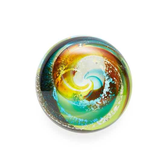 Load image into Gallery viewer, Memorial glass art touchstone with cremation ash. Teal blue, yellow, and green glass. Colour combination is called &amp;quot;Summer.&amp;quot;
