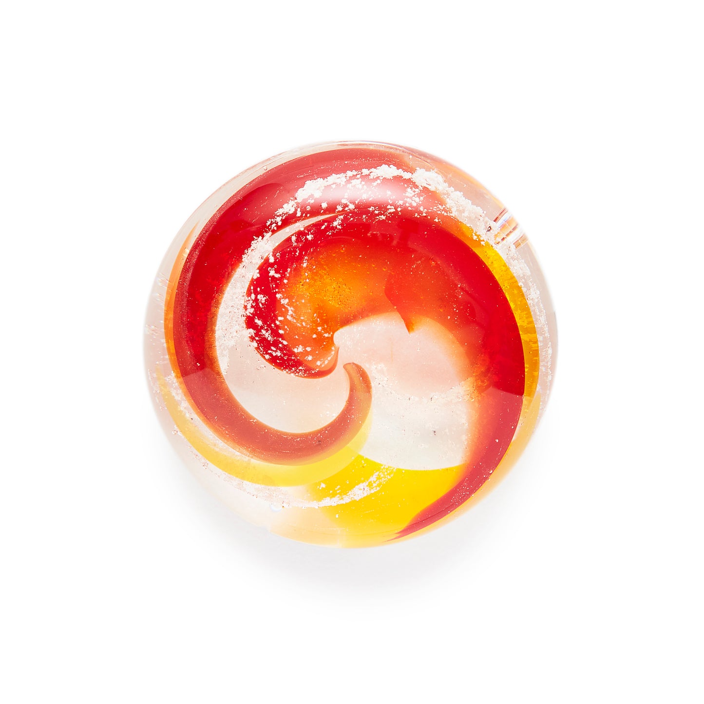 Load image into Gallery viewer, Memorial glass art touchstone with cremation ash. Red, yellow, and orange glass. Colour combination is called &amp;quot;Sunburst.&amp;quot;
