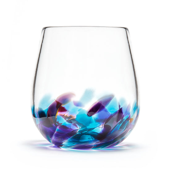 Load image into Gallery viewer, Hand blown glass wine glass. Clear glass with a swirl of teal blue and purple glass on the bottom. Colour combination is called &amp;quot;Amethyst Teal.&amp;quot;
