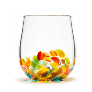 Hand blown glass wine glass. Clear glass with a swirl of yellow, red, orange, and green glass on the bottom. Colour combination is called "Autumn."