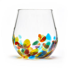 Load image into Gallery viewer, Hand blown glass wine glass. Clear glass with a swirl of red, blue, purple, and green glass on the bottom. Colour combination is called &quot;Carnival.&quot;