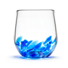 Load image into Gallery viewer, Hand blown glass wine glass. Clear glass with a swirl of cobalt blue glass on the bottom.