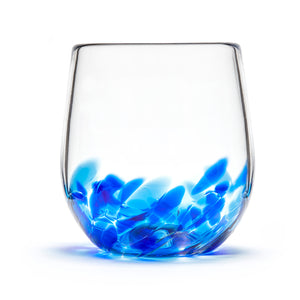 Hand blown glass wine glass. Clear glass with a swirl of cobalt blue glass on the bottom.
