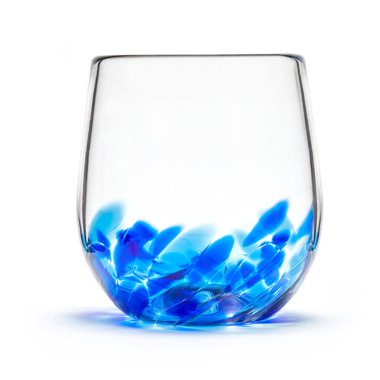 Load image into Gallery viewer, Hand blown glass wine glass. Clear glass with a swirl of cobalt blue glass on the bottom.
