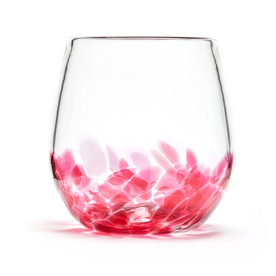 Hand blown glass wine glass. Clear glass with a swirl of cranberry glass on the bottom.