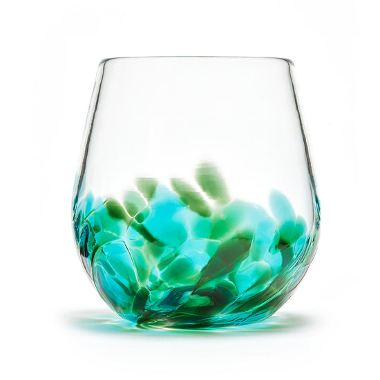 Hand blown glass wine glass. Clear glass with a swirl of green glass on the bottom. Colour combination is called “Emerald.”