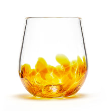 Load image into Gallery viewer, Hand blown glass wine glass. Clear glass with a swirl of iris gold glass on the bottom.