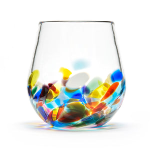 Hand blown glass wine glass. Clear glass with a swirl of purple, blue, yellow, red, orange, green, and white glass on the bottom. Colour combination is called "Multi."