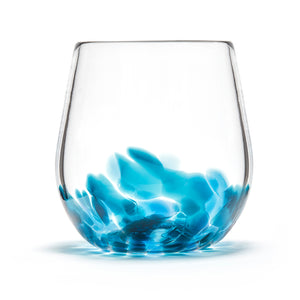 Hand blown glass wine glass. Clear glass with a swirl of teal blue glass on the bottom. Colour combination is called "Ocean Wave."