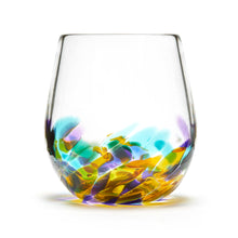 Load image into Gallery viewer, Hand blown glass wine glass. Clear glass with a swirl of purple, blue, green, pink, and yellow glass on the bottom. Colour combination is called &quot;Spring.&quot;