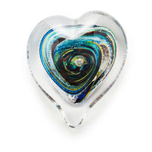 Load image into Gallery viewer, Memorial glass art heart paperweight with cremation ash. Red, blue, purple, and green glass. Colour combination is called &quot;Carnival.&quot;