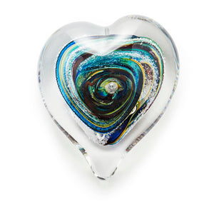 Memorial glass art heart paperweight with cremation ash. Red, blue, purple, and green glass. Colour combination is called "Carnival."
