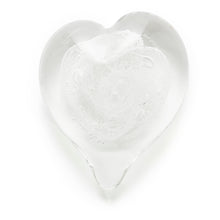 Load image into Gallery viewer, Memorial glass art heart paperweight with cremation ash. Clear glass.
