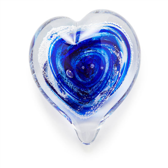 Load image into Gallery viewer, Memorial glass art heart paperweight with cremation ash. Cobalt blue glass.

