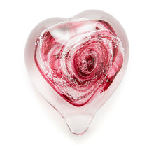 Load image into Gallery viewer, Memorial glass art heart paperweight with cremation ash. Cranberry glass.