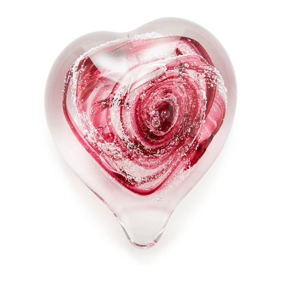 Memorial glass art heart paperweight with cremation ash. Cranberry glass.