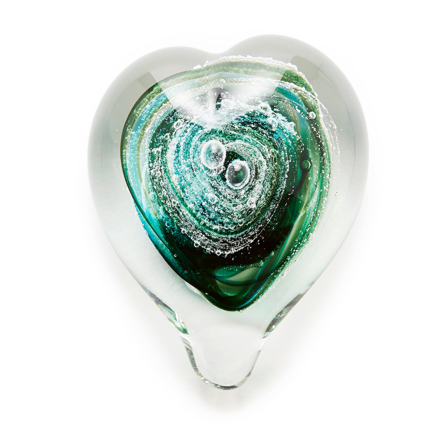 Memorial glass art heart paperweight with cremation ash. Green glass. Colour combination is called “Emerald.”