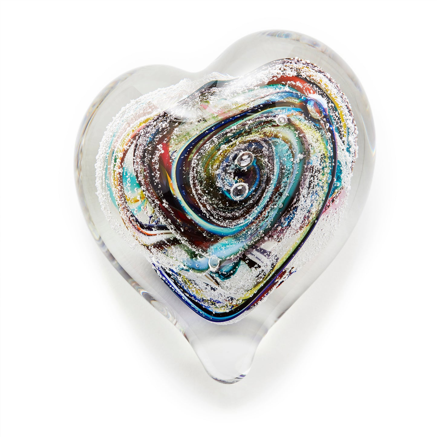 Load image into Gallery viewer, Memorial glass art heart paperweight with cremation ash. Purple, blue, yellow, red, orange, green, and white glass. Colour combination is called &amp;quot;Multi.&amp;quot;
