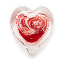 Load image into Gallery viewer, Memorial glass art heart paperweight with cremation ash. Ruby red glass.