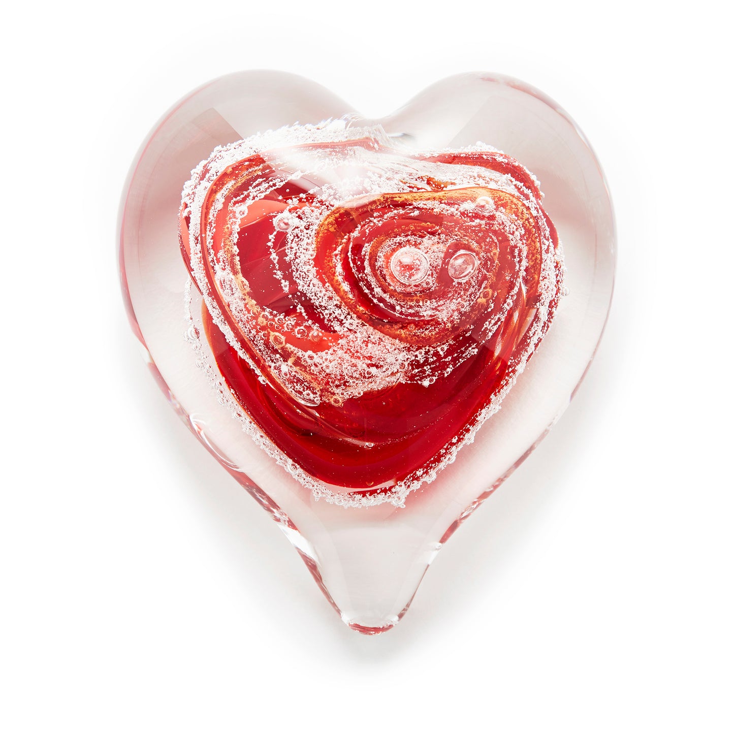 Memorial glass art heart paperweight with cremation ash. Ruby red glass.